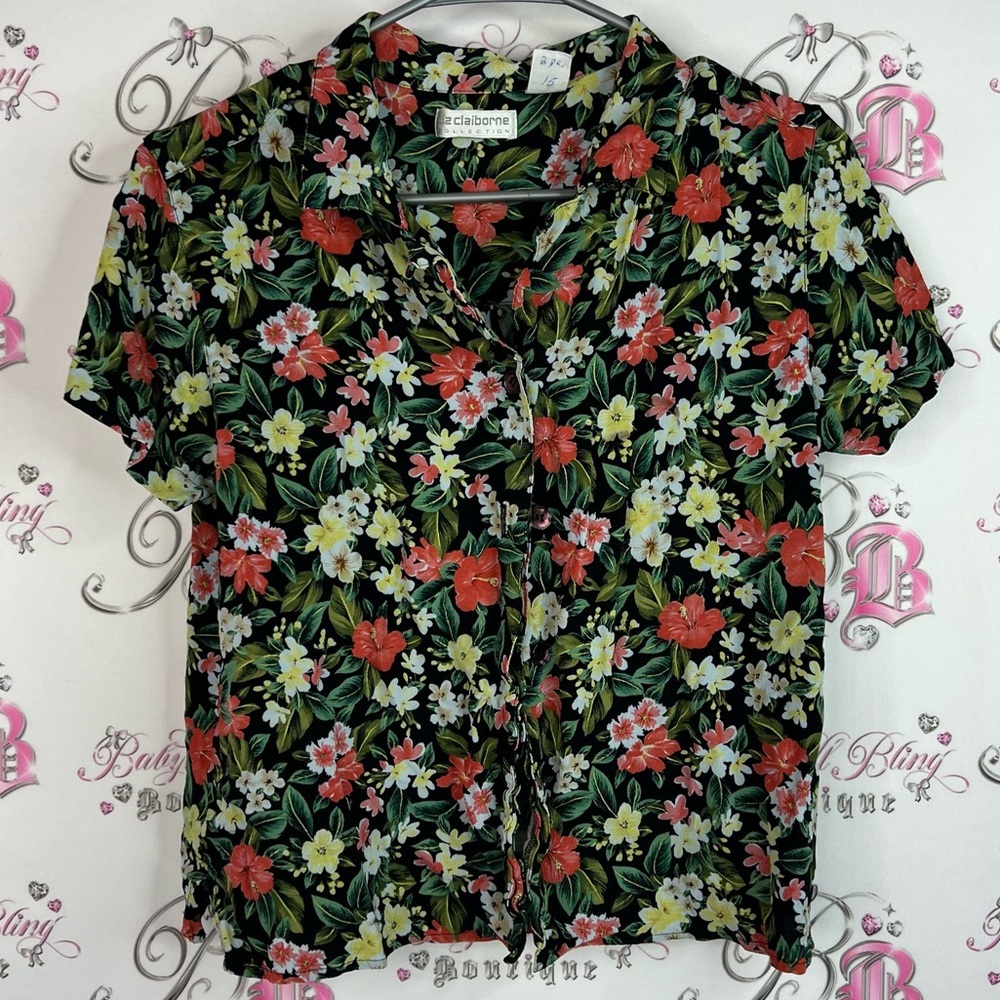 Liz Claiborne Button up Hawaiian 🌺 print flowers Black Floral Button-Down Shirt